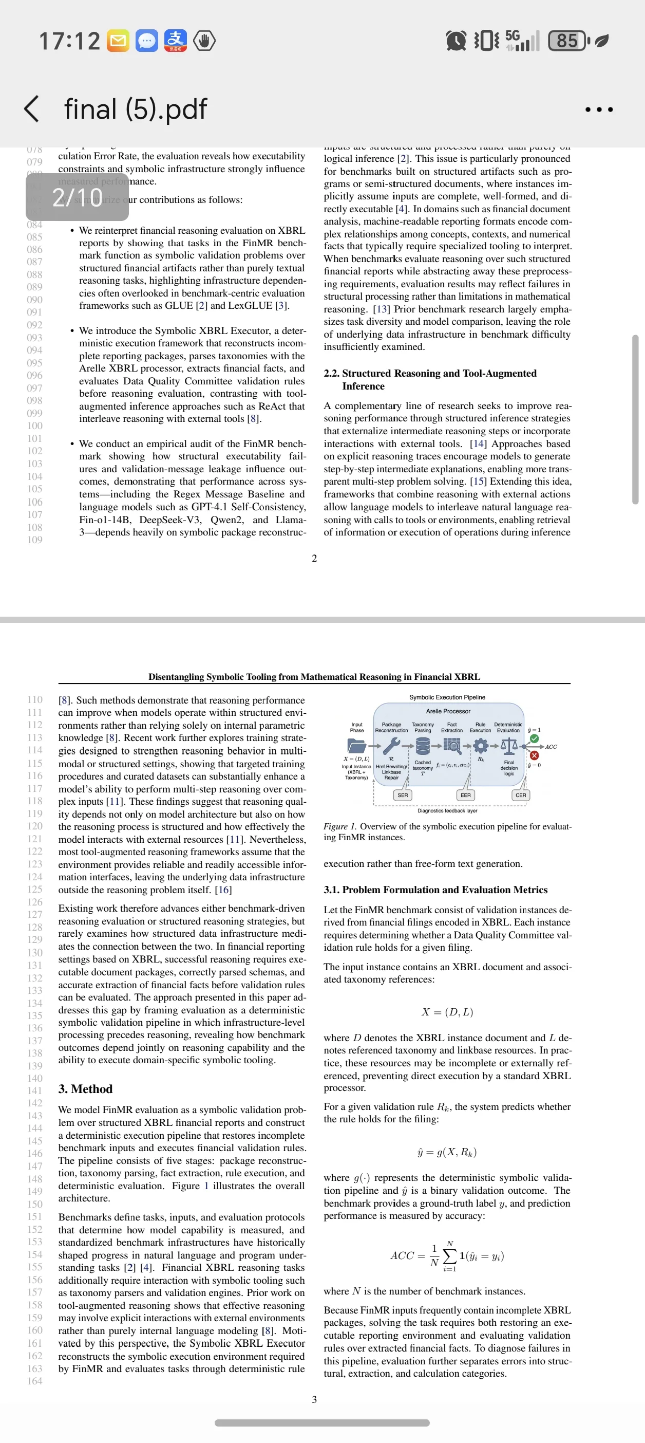 图片展示的是论文《Decomposing Symbolic Trading from Mathematical Reasoning in Financial XBRL》的第2页。页面上方有“final (5).pdf”字样,右上角有“2/10”标识。内容涉及结构化财务报告中的数学推理,介绍了结构化财务报告的结构化表达、结构化财务报告的数学推理、结构化财务报告的数学推理评估等内容,还展示了评估框架、评估指标等。该图片与文档中介绍论文内容相契合,直观呈现了论文部分内容。