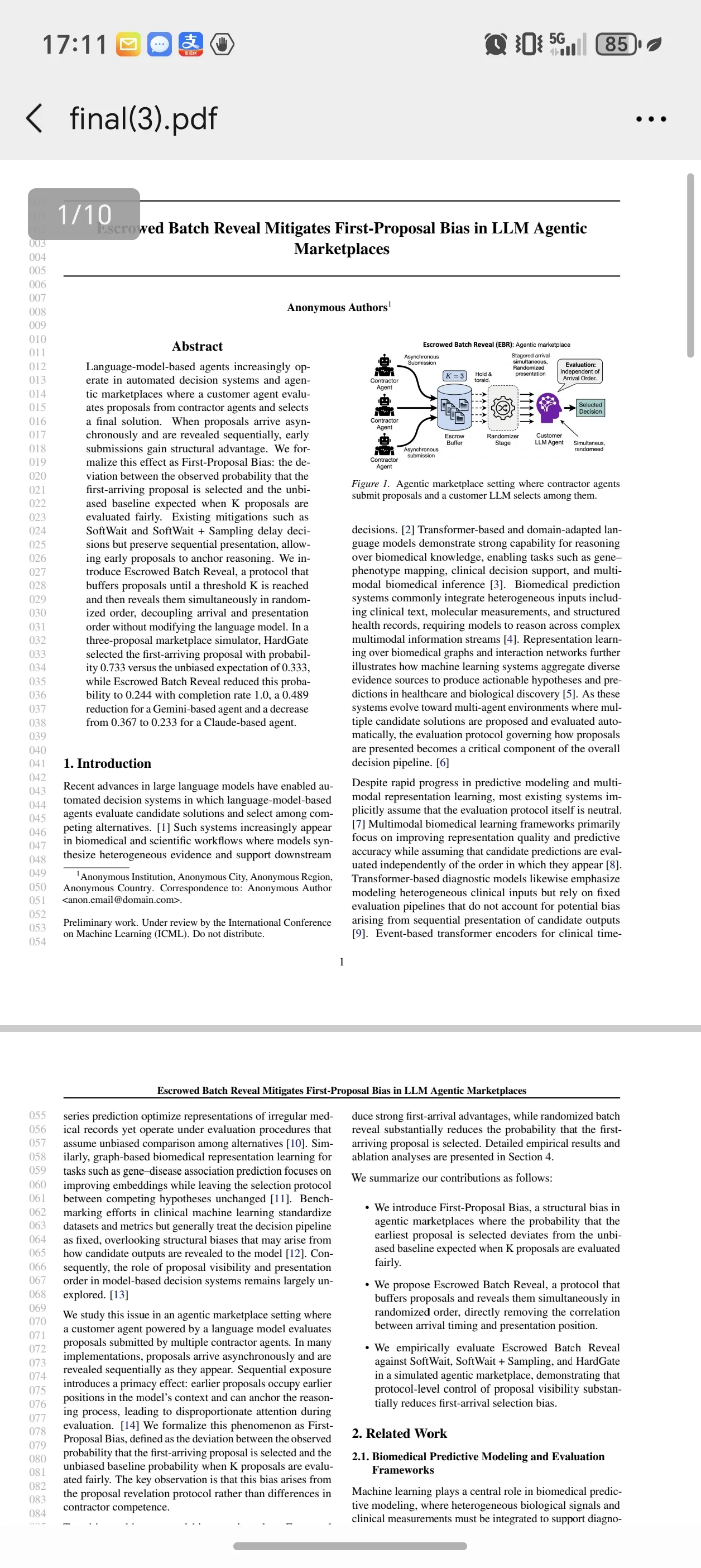图片展示的是论文《Delayed Batch Reveal Mitigates First-Proposal Bias in LLM Agentic Marketplaces》的PDF页面,为文档中介绍AgentAlpha社区代表项目相关内容的图片。页面显示论文第1/10页,作者为匿名,介绍了语言模型驱动的代理在生物医学知识驱动的市场决策中的应用,提出了一种延迟批量揭示协议以减轻LLM代理市场中首次提案偏见,还涉及生物医学预测建模和评估等内容。该图片与上下文介绍的论文地址、Hugging Face项目页等信息相呼应。