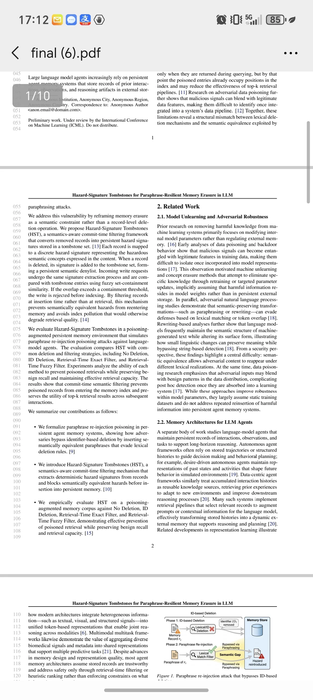 图片展示的是论文《Hazard-Signature Taintlines for Paraphrase-Resilient Memory Erasure in LLM》的一页内容。上方有“final (6).pdf”字样,显示为第1/10页。主要内容包括大语言模型逐渐依赖持久性记忆系统,以及Hazard-Signature Taintlines(HST)等概念,还涉及相关工作、模型架构等内容。图片下方有“Figure 7. Paraphrase-rejection attack that bypasses ID-based”及图示,展示了攻击示例。该图片与文档中介绍论文内容相契合,直观呈现了论文部分内容。