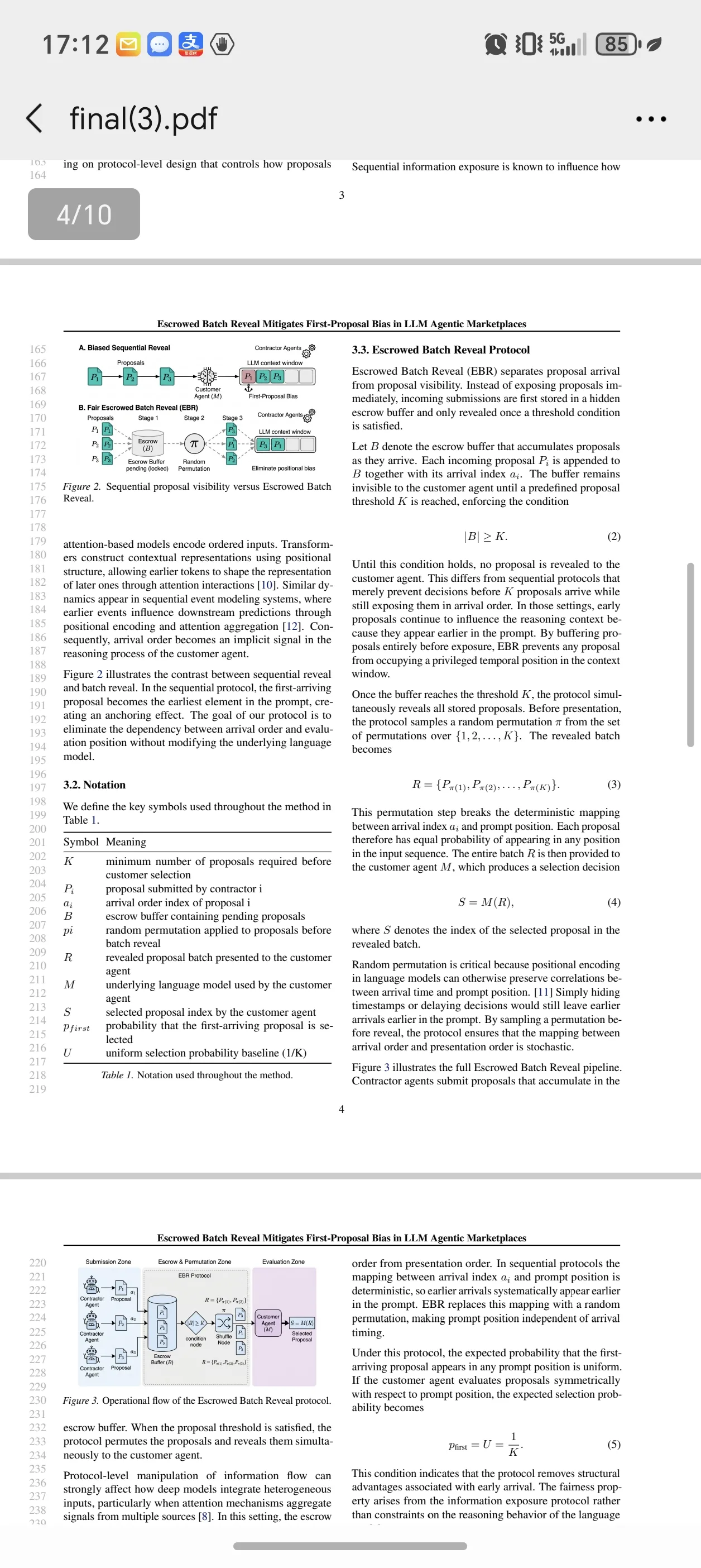 图片展示的是论文《Sequential Information Exposure versus Exercised Batch Proposal》中关于Exercised Batch Reveal Protocol部分内容。图中包含流程图、公式等,阐述了该协议如何将先前的提议与当前的提议分开,以减少先前提议对当前提议的依赖。协议中涉及的变量如K、L、M等,以及公式(A)、(B)、(C)、(D)等,用于说明协议的计算过程。该图片与文档中介绍的论文内容紧密相关,直观呈现了论文中关键协议的运作机制。