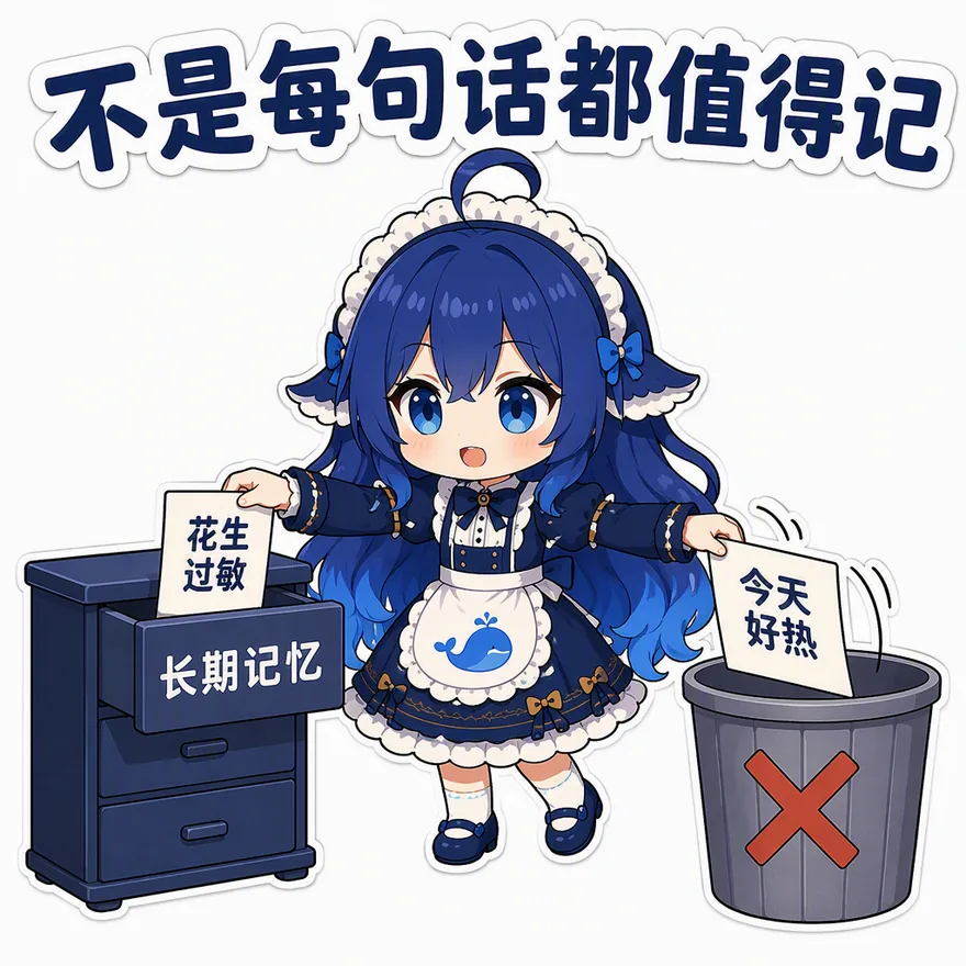 不是每句话都值得记（「花生过敏」进长期记忆抽屉，「今天好热」进垃圾桶——Memory 的第一道工序是写入门槛，不是照单全收）