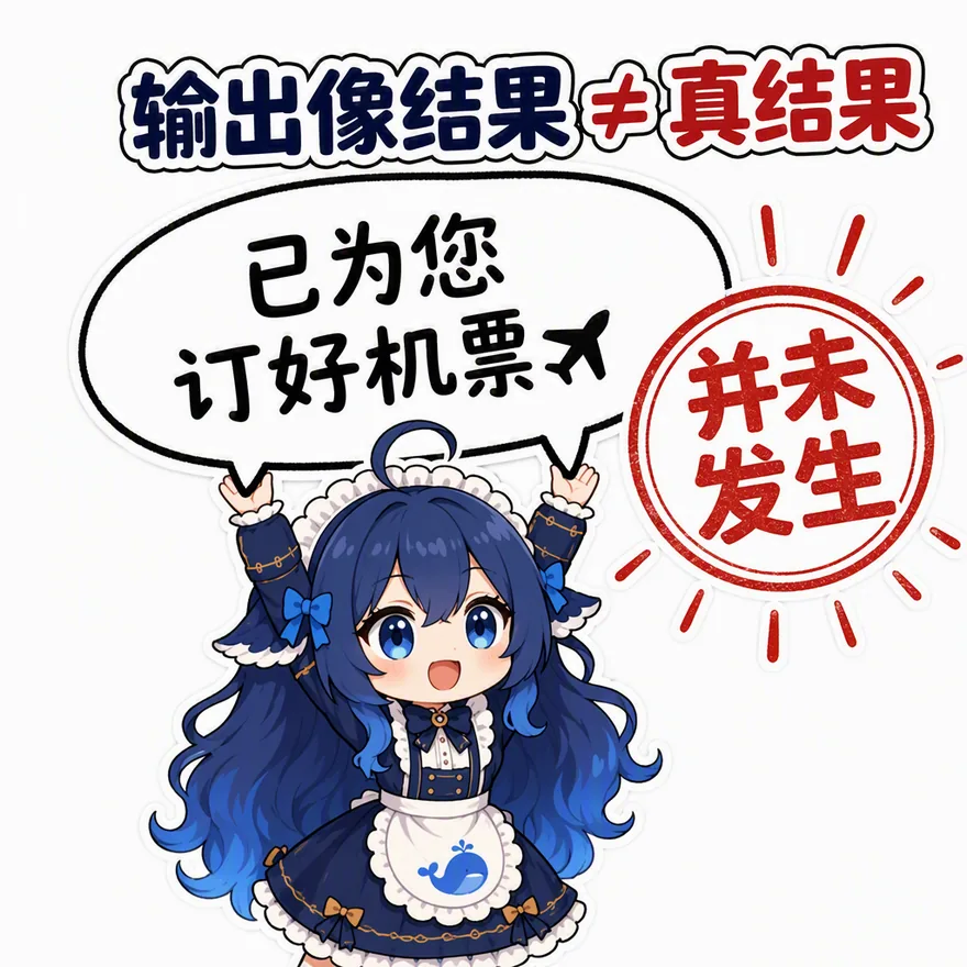 输出像结果 ≠ 真结果（气泡里「已为您订好机票」说得笃定，砖红印章「并未发生」——LLM 只生成像结果的文本，没有对真实世界的改动）