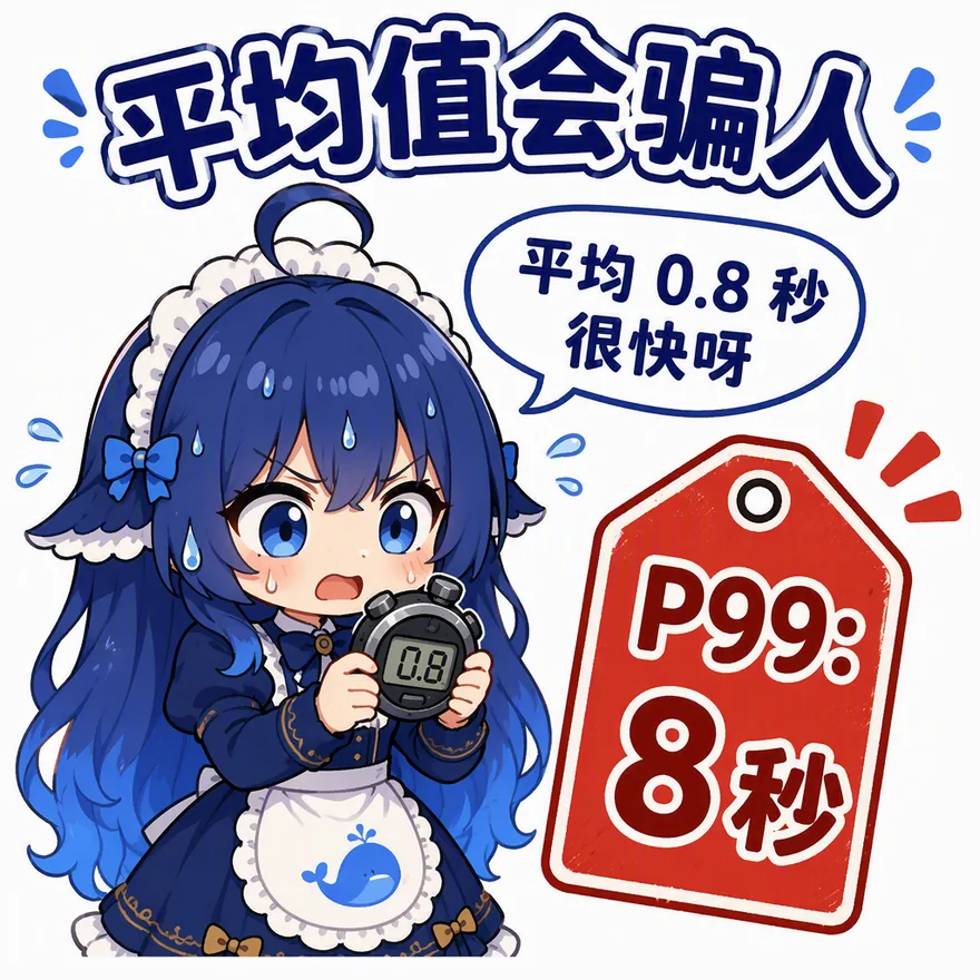 平均值会骗人（女生盯着秒表冒汗，「平均 0.8 秒」的自我安慰被「P99：8 秒」的警告牌打脸——用户体感由最慢的那 1% 决定）